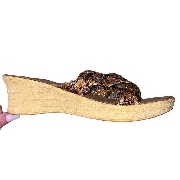 Italian Shoe Maker sandals wedge braided straps cross over brown gold SZ 9 tan - Picture 1 of 9